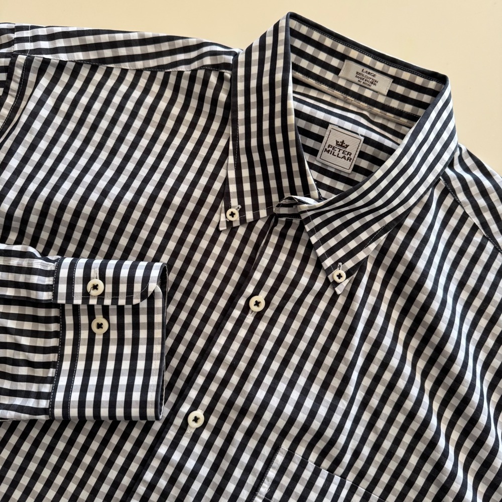 Peter Millar Mens Large Black White Gingham Cotton Button Down Shirt RN100308